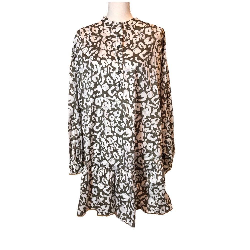 Elizabeth and James Dress Womens L‎ Green Animal Print Ruffle Hem Long Sleeve